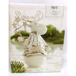 Pier 1 Imports Christmas Porcelain Moose Figurine White & Silver Winter 4.5 Inch